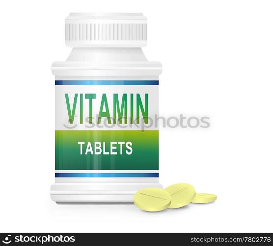 Illustration depicting a single medication container with the words &rsquo;vitamin tablets&rsquo; on the front with white background and a few tablets in the foreground.