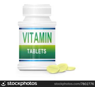 Illustration depicting a single medication container with the words &rsquo;vitamin tablets&rsquo; on the front with white background and a few tablets in the foreground.