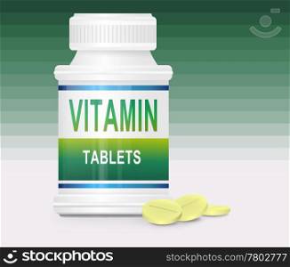 Illustration depicting a single medication container with the words &rsquo;vitamin tablets&rsquo; on the front with green gradient stripe background and a few tablets in the foreground.