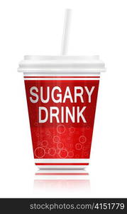 Illustration depicting a single red fast food drink containers with a sugar concept. Arranged over white.