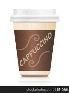 Illustration depicting a single take-out cappuccino container arranged over white and reflecting into foreground.