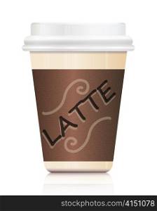 Illustration depicting a single take-out Latte container arranged over white and reflecting into foreground.