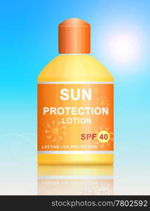 Illustration depicting a single uva SPF 40 sun protection lotion bottle arranged over vibrant blue light effect background.