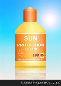 Illustration depicting a single uva SPF 50 sun protection lotion bottle arranged over vibrant blue light effect background.
