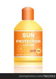 Illustration depicting a single uva sun SPF 50 protection lotion bottle arranged over white.