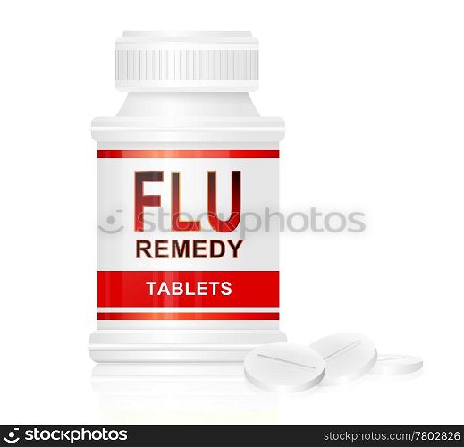Illustration depicting a single white and red medication container with the words &rsquo;flu remedy tablets&rsquo; on the front with white background and a few tablets in the foreground.
