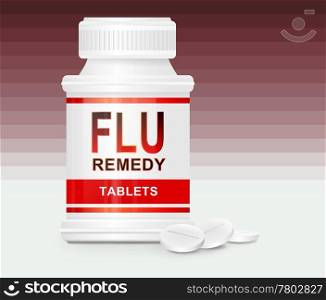Illustration depicting a single white and red medication container with the words &rsquo;flu remedy tablets&rsquo; on the front with red gradient stripe background and a few tablets in the foreground.