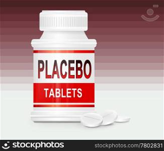 Illustration depicting a single white and red medication container with the words &rsquo;placebo tablets&rsquo; on the front with red gradient stripe background and a few tablets in the foreground.