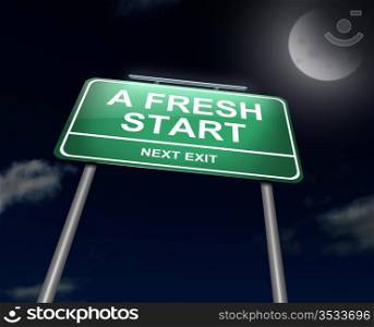 Illustration depicting an illuminated green roadsign with a fresh start concept. Night sky background.