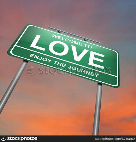 Illustration depicting an illuminated green roadsign with a love concept. Dramatic sunset sky background.