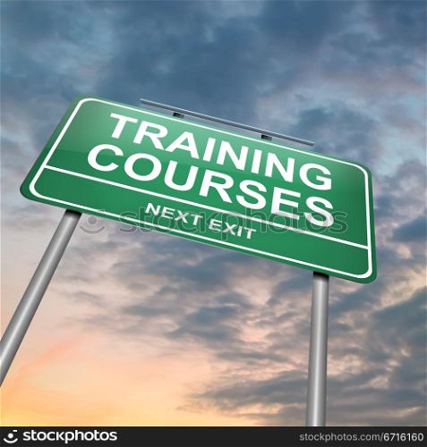 Illustration depicting an illuminated green roadsign with a training courses concept. Dramatic sunset sky background.
