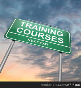 Illustration depicting an illuminated green roadsign with a training courses concept. Dramatic sunset sky background.