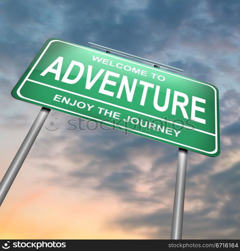 Illustration depicting an illuminated green roadsign with an adventure concept. Sunset sky background.