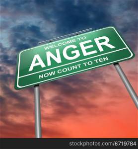 Illustration depicting an illuminated green roadsign with an anger concept. Dramatic sky background.