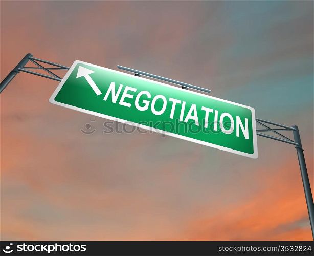 Illustration depicting an illuminated highway gantry sign with a negotiation concept. Dark sunset sky background.