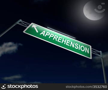 Illustration depicting an illuminated highway gantry sign with an apprehension concept. Night sky background.