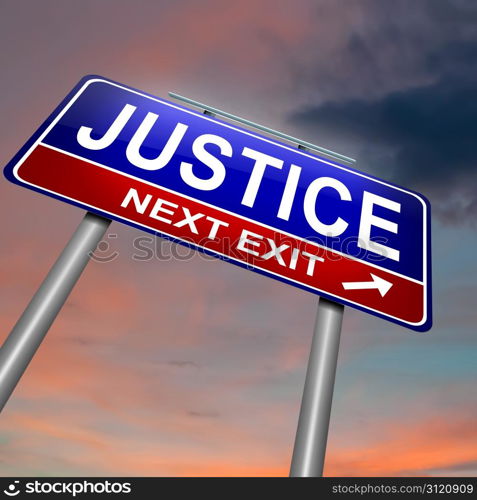 Illustration depicting an illuminated roadsign with a justice concept. Dark sunset sky background.