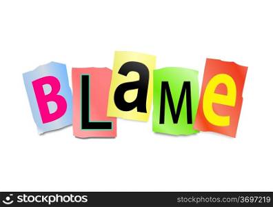 Illustration depicting cutout printed letters arranged to form the word blame.