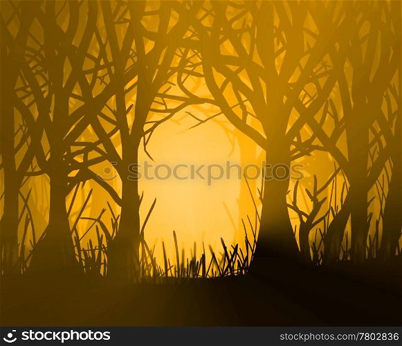 Illustration depicting early morning abstract forest scene with silhoutted trees and strong golden backlight.