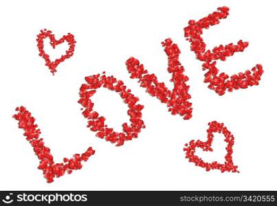 Illustration depicting many red coloured love hearts arranged to spell the word &rsquo;love&rsquo; over white.