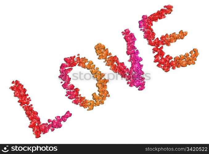 Illustration depicting many red, pink and orange coloured love hearts arranged to spell the word &rsquo;love&rsquo; over white.