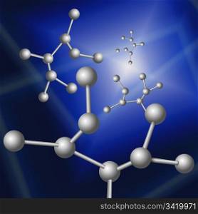 Illustration depicting molecular structure concept with blue abstract background.