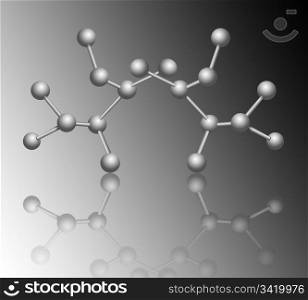 Illustration depicting molecular structure concept with reflections and grey gradient background.