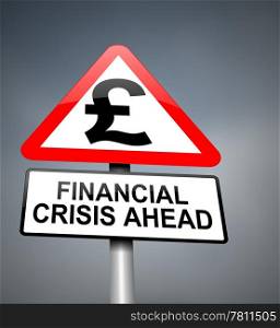 Illustration depicting red and white triangular warning road sign with a financial crisis concept. Blurred dark background.