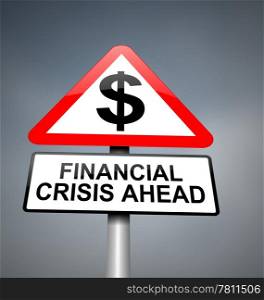 Illustration depicting red and white triangular warning road sign with a financial crisis concept. Blurred dark background.