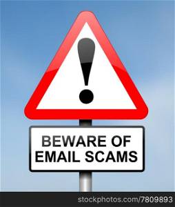 Illustration depicting red and white triangular warning road sign with an email scam concept. Blue blur background.