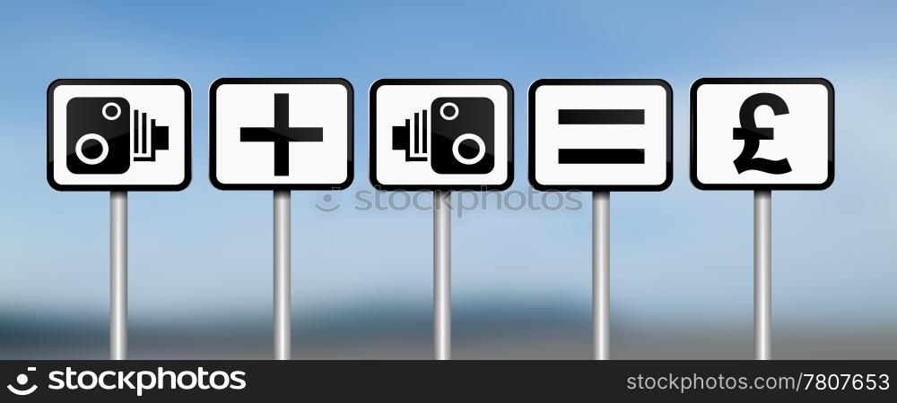 Illustration depicting road signs with speed camera financial gain concept. Blue blur background.