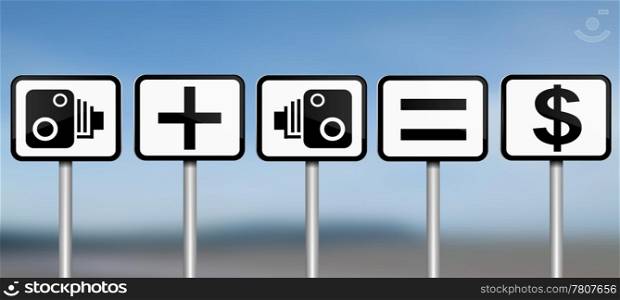 Illustration depicting road signs with speed camera financial gain concept. Blue blur background.