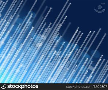 Illustration depicting the ends of many illuminated fiber optic strands against abstract blue background.