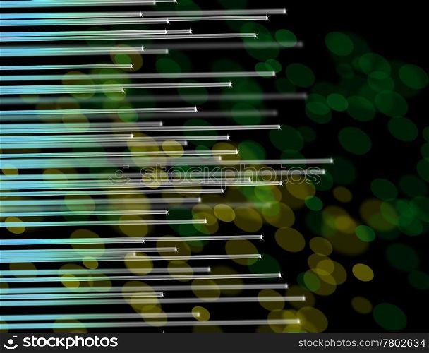 Illustration depicting the ends of many illuminated fiber optic strands against abstract dark green background.
