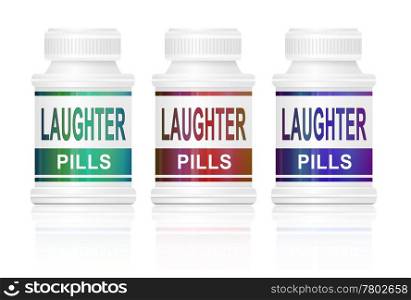 Illustration depicting three medication containers with &rsquo;laughter pills&rsquo; labels. White background.