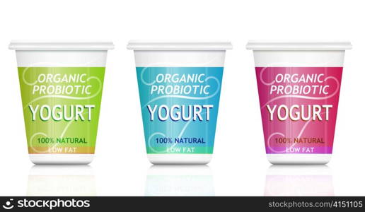 Illustration depicting three organic probiotic yogurt containers arranged over white.