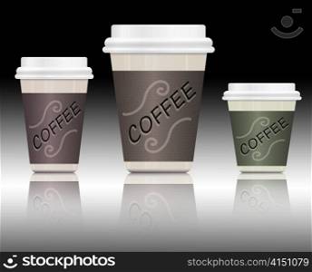 Illustration depicting three take-out coffee containers in various sizes arranged over monochrome background and reflecting into foreground.