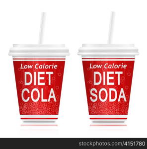 Illustration depicting two fast food diet drink containers. Arranged over white.