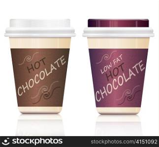 Illustration depicting two hot chocolate take out containers arranged over white.
