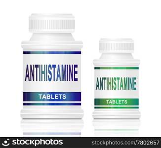 Illustration depicting two medication containers with the words &rsquo;antihistamine tablets&rsquo; on the front with white background.