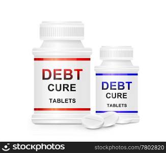 Illustration depicting two medication containers with the words &rsquo;debt cure tablets&rsquo; on the front with white background and a few tablets in the foreground.