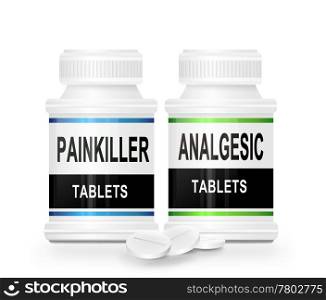 Illustration depicting two medication containes with the words &rsquo;painkiller tablets&rsquo; and &rsquo;analgesic tablets&rsquo; on the front with white background and a few tablets in the foreground.