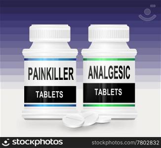 Illustration depicting two medication containes with the words &rsquo;painkiller tablets&rsquo; and &rsquo;analgesic tablets&rsquo; on the front with blue gradient striped background and a few tablets in the foreground.