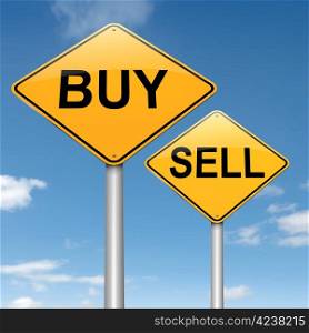Illustration depicting two roadsigns with a buy or sell concept. Sky background.