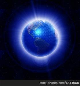 Illustration. Earth on a background of space with blue lines and lights