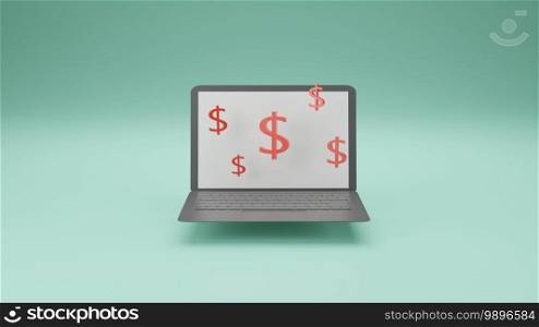 Illustration image of levitate laptop with dollar sign, concept of e-commerce or online shopping, 3D rendering
