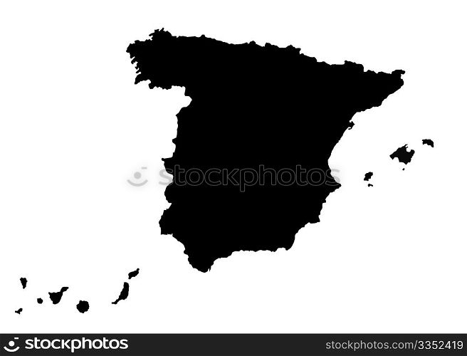 Illustration in black of map of Spain including Balearic Islands and Canary Islands.