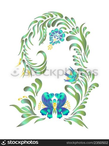 Illustration in folk style on black background. Beautiful border with blue flowers in vintage style.. Hand drawn vintage floral ornament.