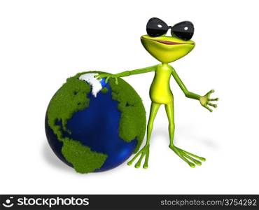 illustration merry green frog and blue globe