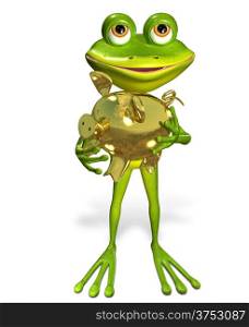 illustration merry green frog with piggy bank